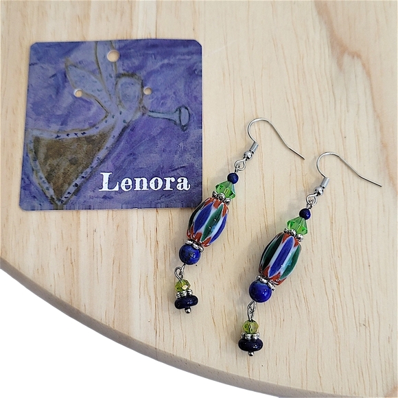 Hand Crafted Lampwork Lapis Earrings Beaded Dangle 2.5" Blue Green & Red Stripes - Picture 4 of 8